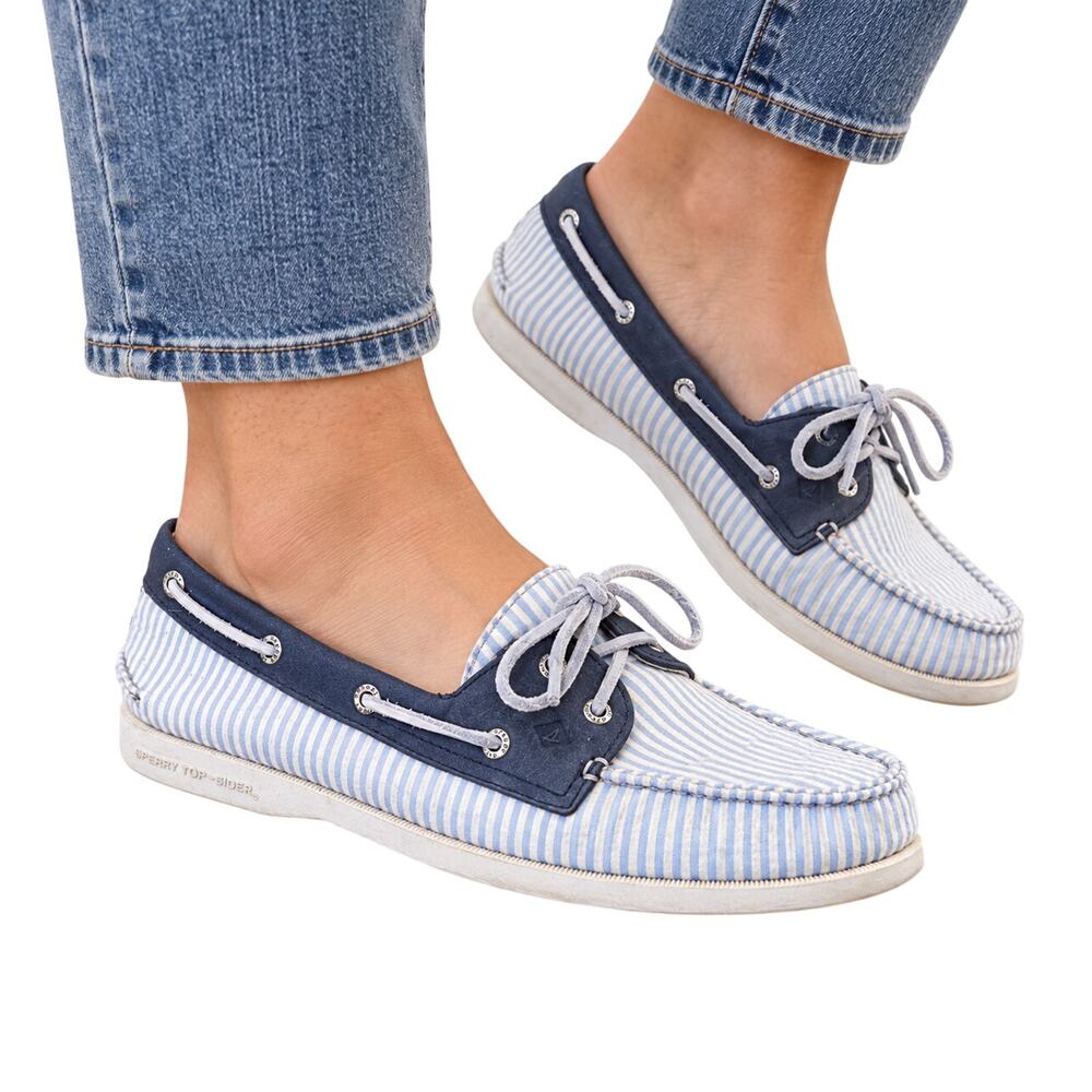 Sperry sz 9 blue checked seersucker boat shoe career casual EUC preppy #